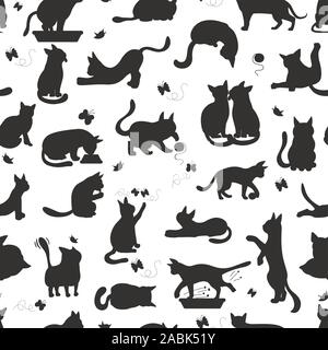 Cartoon cat characters seamless pattern. Different cat`s poses, yoga and emotions set. Flat simple style design. Vector illustration Stock Vector